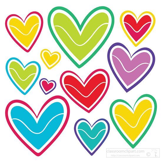 bright and playful hearts in various colors and sizes and line p