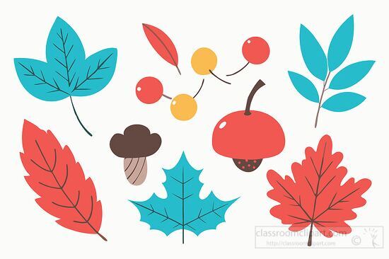 bright blue red orange autumn leaves acorns and berries