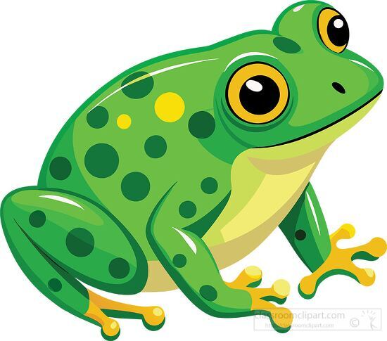 Bright green frog illustration with yellow spots and big eyes