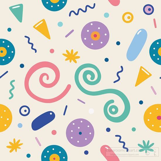 Brightly colored swirls and shapes party themed pattern