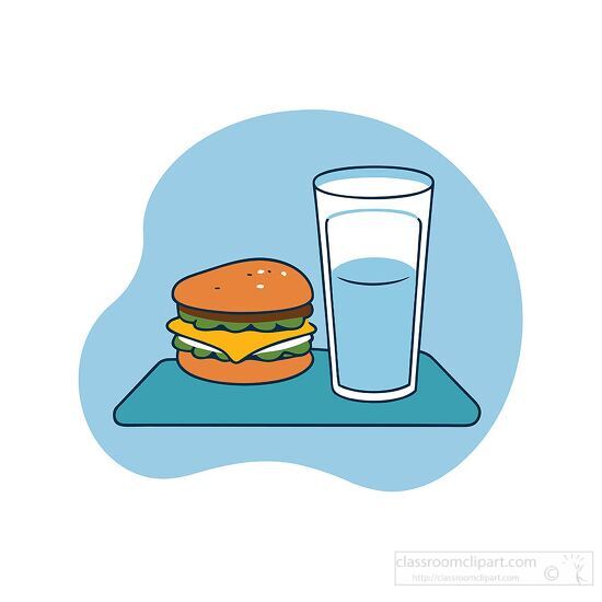 Burger and Glass of Water on a Blue Placemat