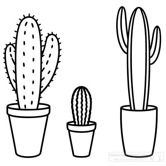 cactus line art in pots black outline