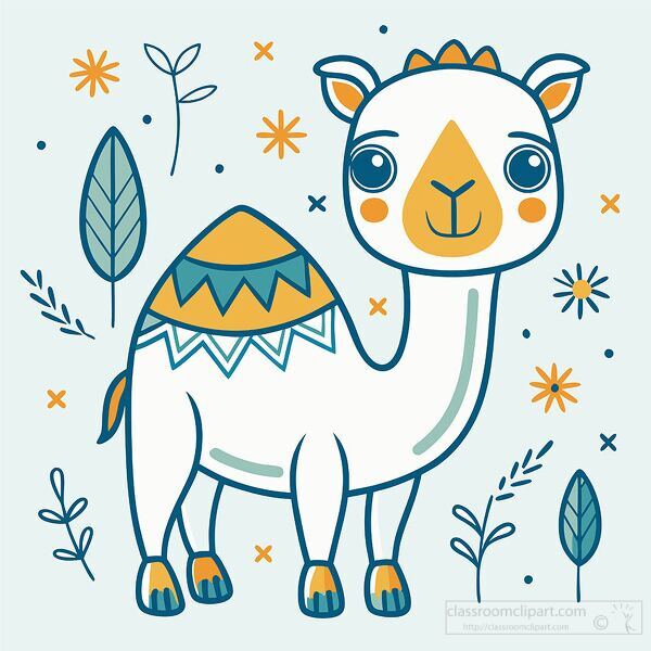 camel character stands in a floral themed backdrop with bright c