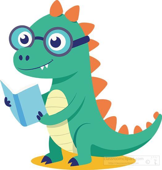 cartoon baby green dinosaur wearing glasses and reading a book