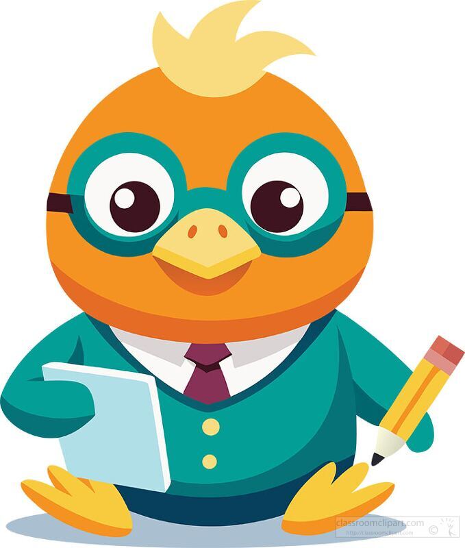 cartoon bird in glasses and a suit holds a notepad and pencil