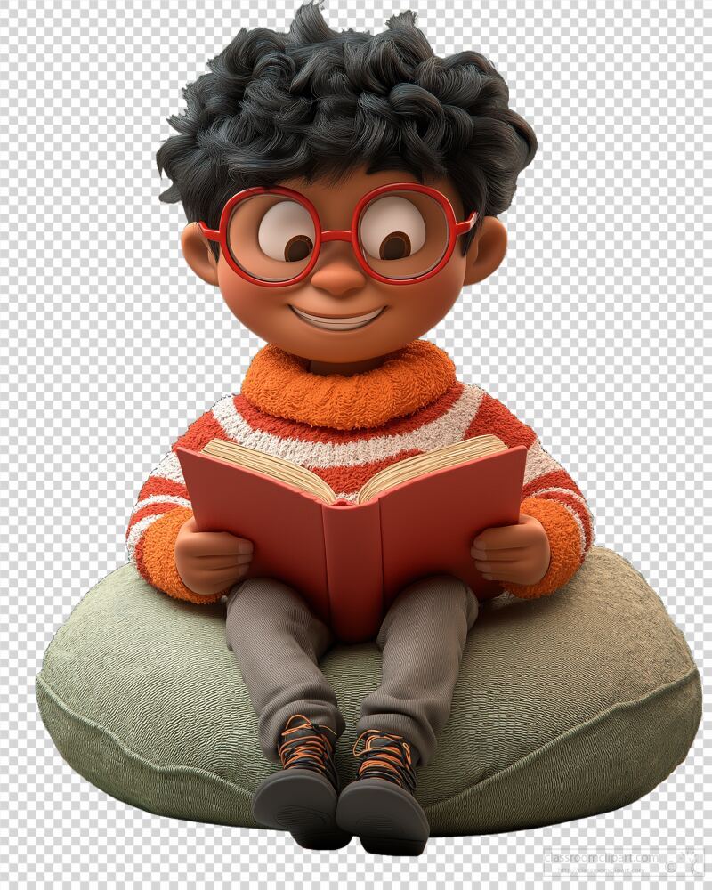 Cartoon Boy Reading a Book on a Soft Cushion