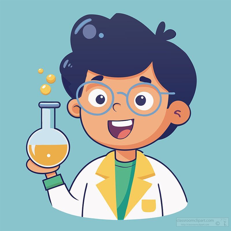 cartoon boy scientist holding a flask with yellow liquid and a b