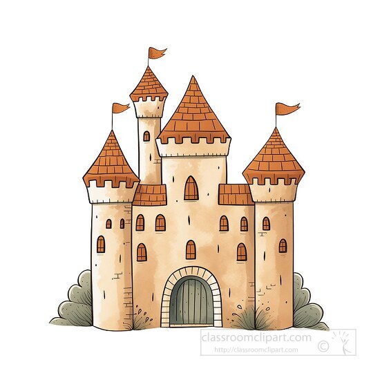 cartoon castle with tall towers and a front gate 3