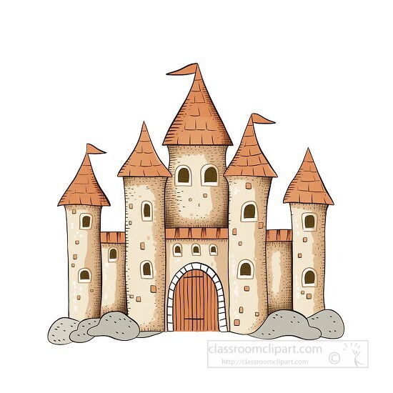 cartoon castle with tall turrent towers and drawbridge