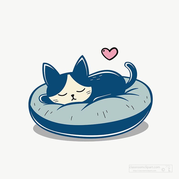 cartoon cat sleeping in a pet blue bed pink heart