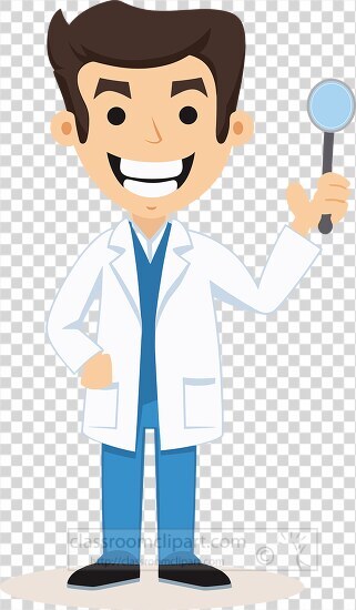 cartoon dentist with a big smile holding dental instruments