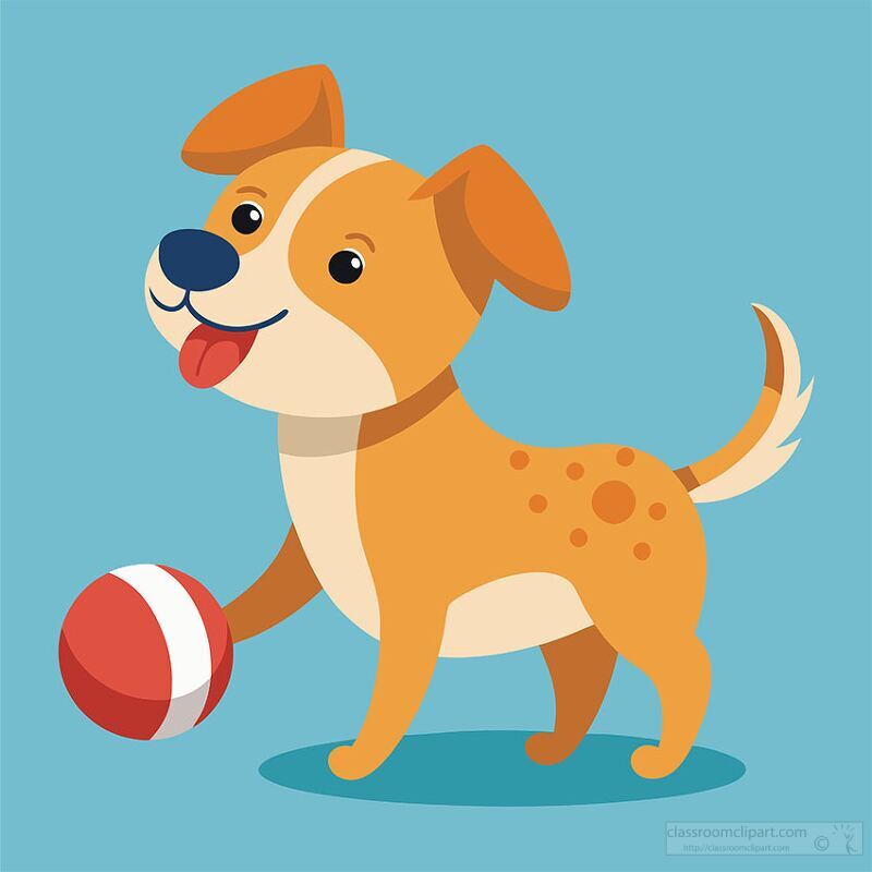 cartoon dog wagging its tail and playing with a ball