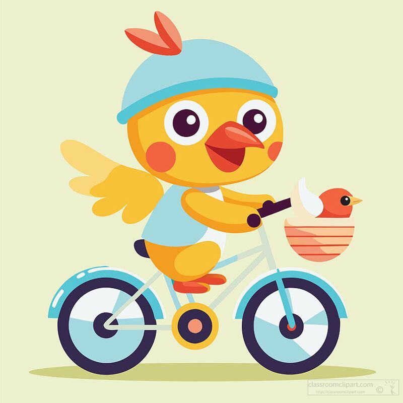 cartoon duck helmet rides a bicycle with a smaller bird in a basket