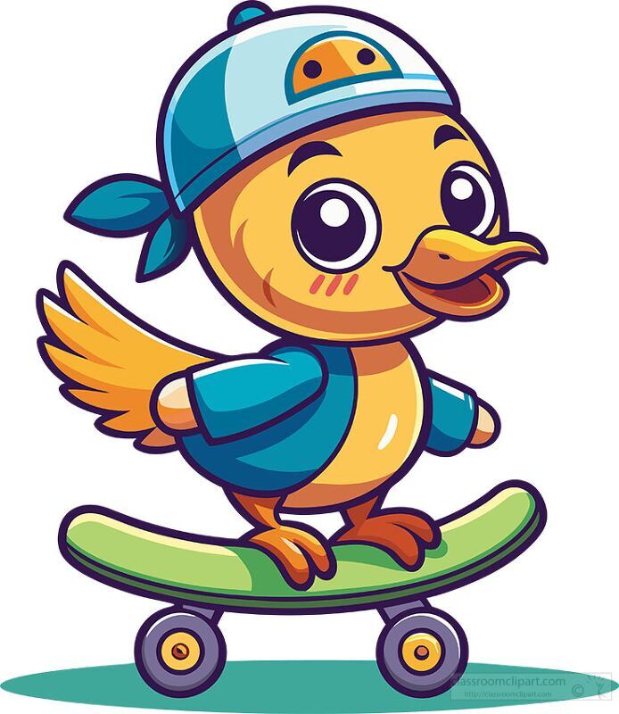 cartoon duck with a cap and jacket rides a skateboard