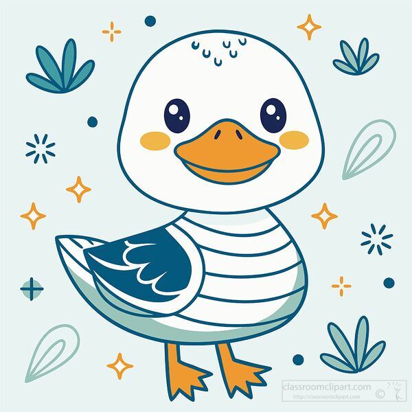 cartoon duck with a round body is surrounded by sparkles and leaves clip art