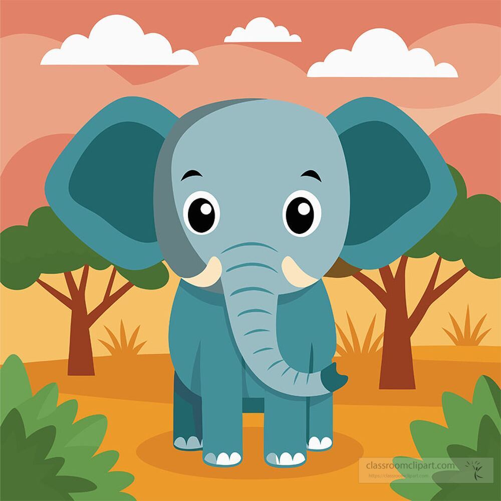 cartoon elephant standing in an African savanna landscape