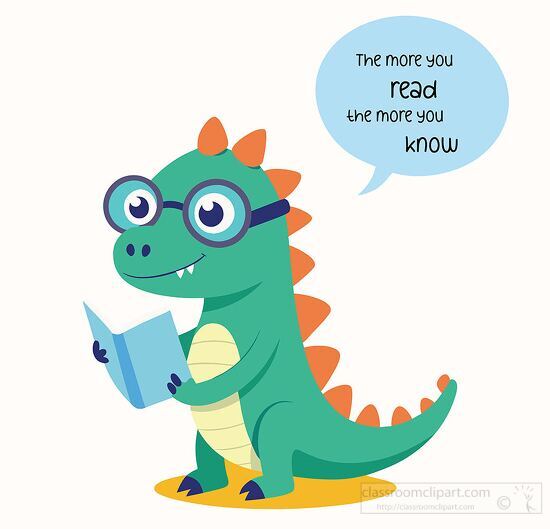 cartoon green dinosaur reads a book with a thought bubble text