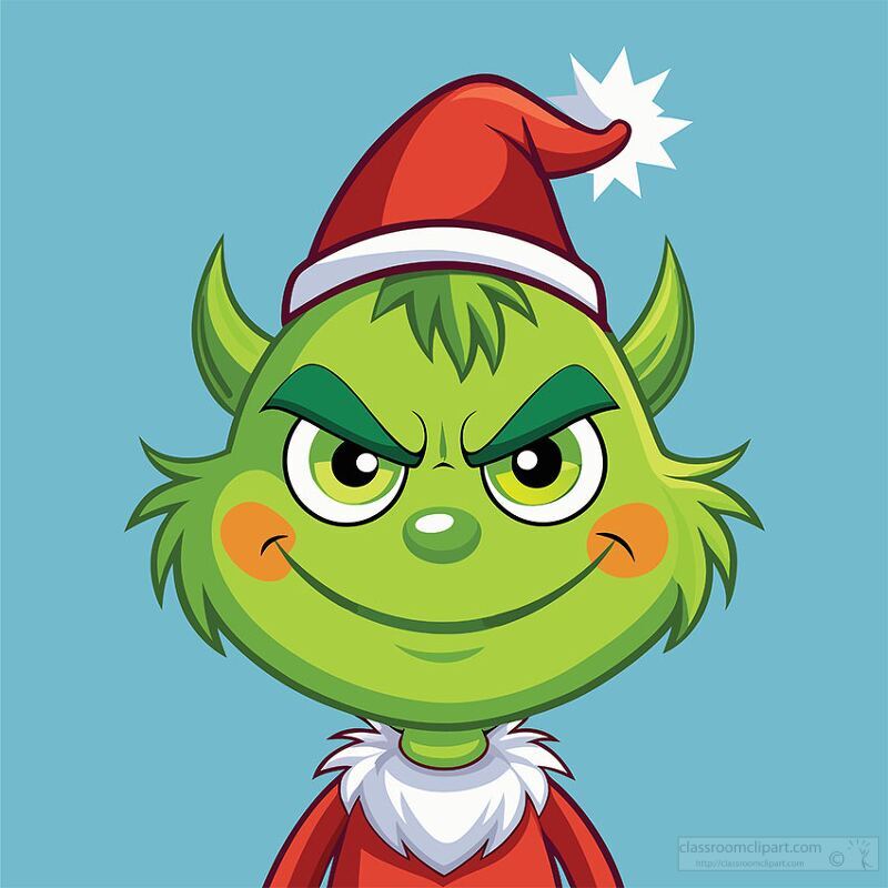 cartoon Grinch with bright yellow eyes and playful horns wearing a red christmas hat