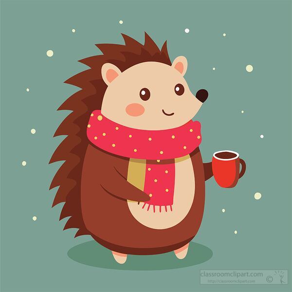 Cartoon hedgehog enjoying a hot drink on a chilly winter night