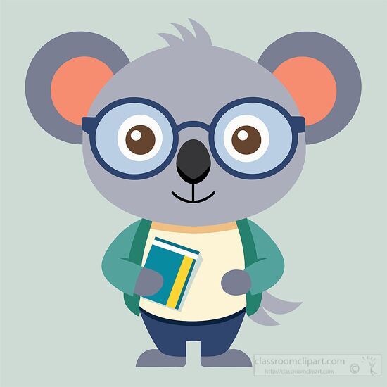 cartoon koala character with glasses holding a book