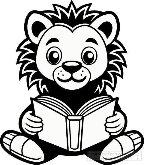 cartoon lion sitting while reading a book black outline drawing