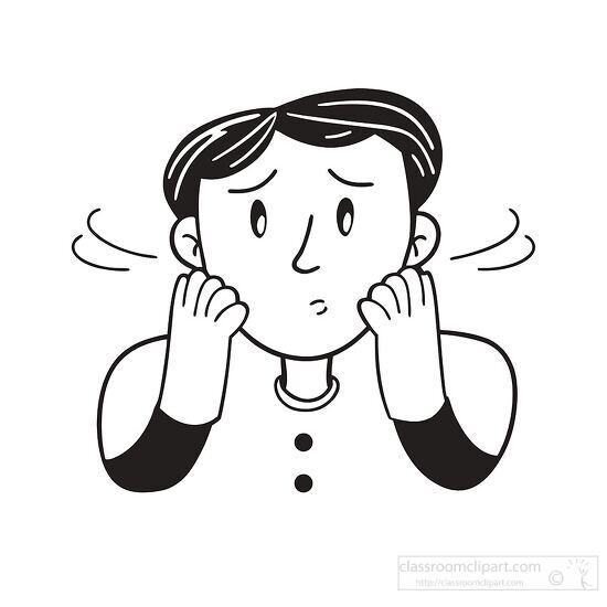 cartoon man holds his hands over his ears in a worried expressio