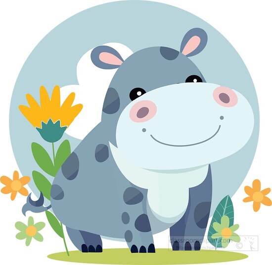 cartoon smiling hippo with spots on its body surrounded by plant