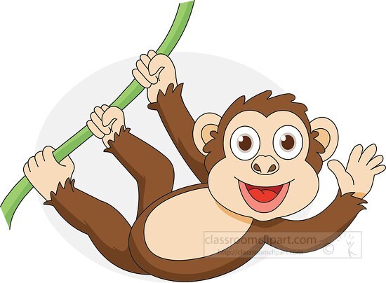 cartoon style chimpanzee hangs on tree vine clip art