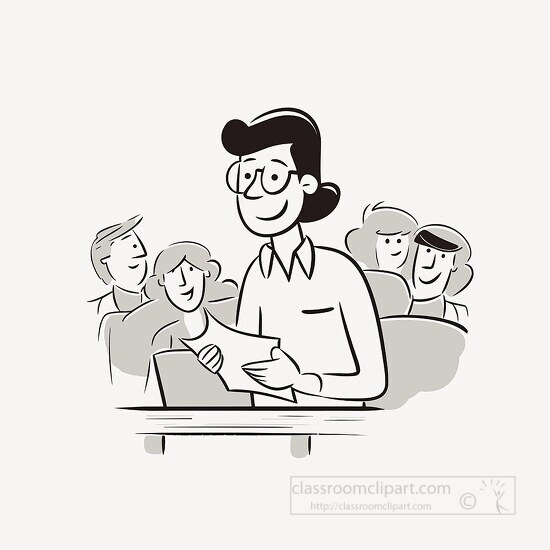 cartoon style line clipart of a teacher with students in the bac