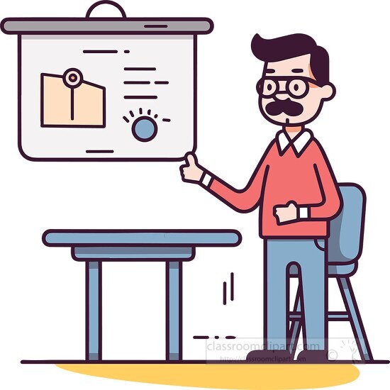 cartoon style male teacher points to a chart