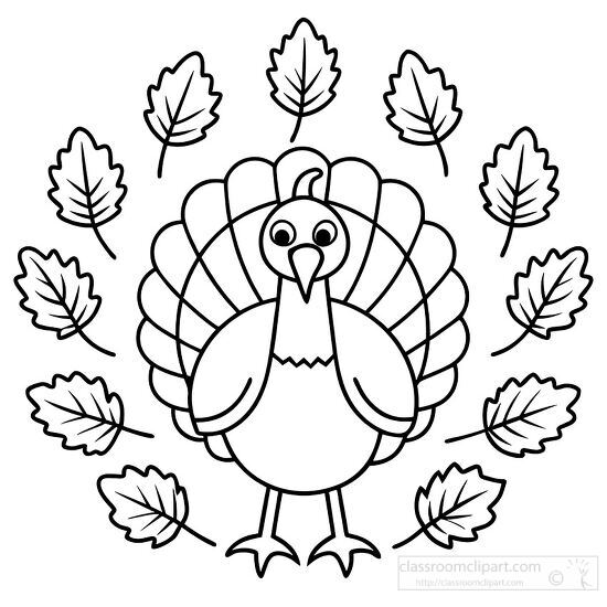 cartoon turkey is framed by large falling leaves kids coloring printable clipart