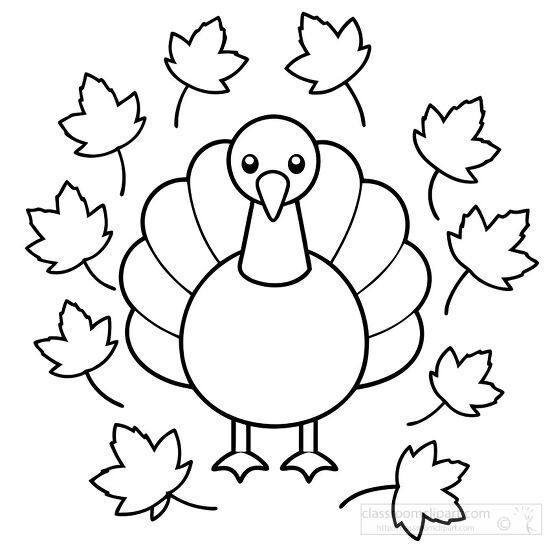 cartoon turkey stands tall with leaves around clipart