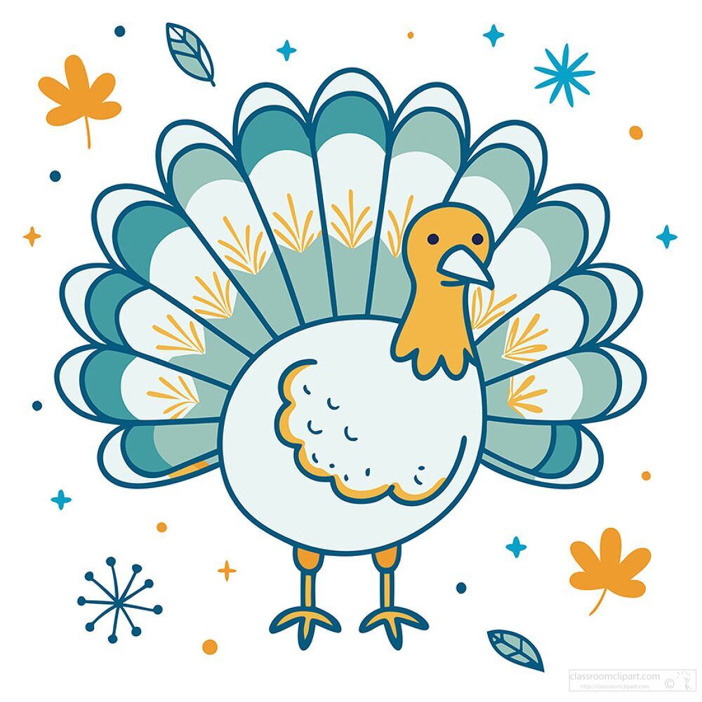 cartoon turkey with a colorful tail stands surrounded by autumn leaves and stars clip art