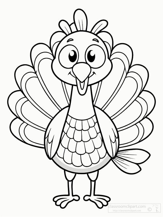 cartoon turkey with detailed feathers ready for coloring