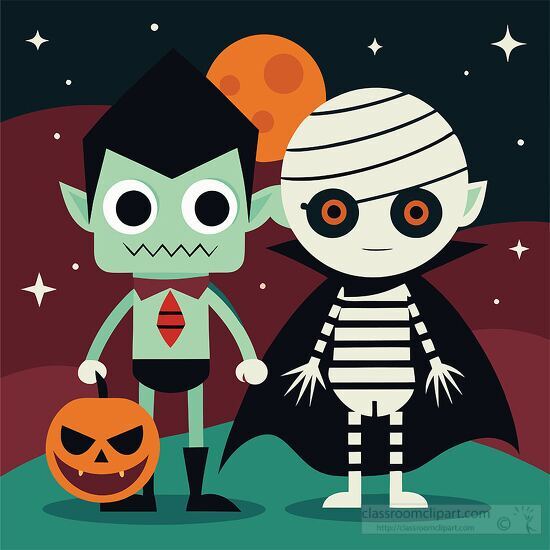 cartoon vampire and mummy duo ready for Halloween