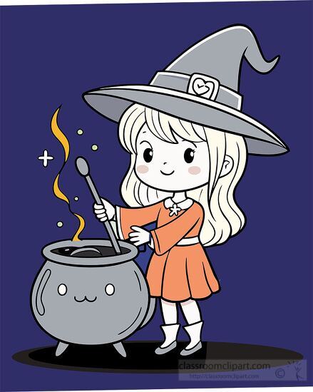 cat and witch stirs a bubbling cauldron