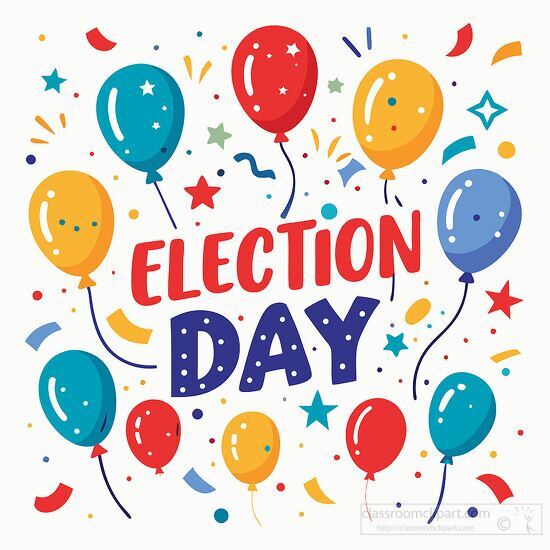 celebratory Election Day graphic with floating balloons and scat