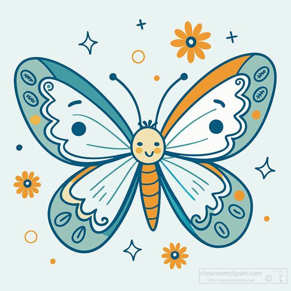 cheerful butterfly with patterned wings and decorative shapes around it clip art