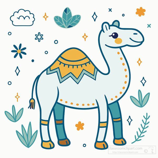 cheerful camel with decorative patterns on its back stands surrounded by leaves and stars clip art