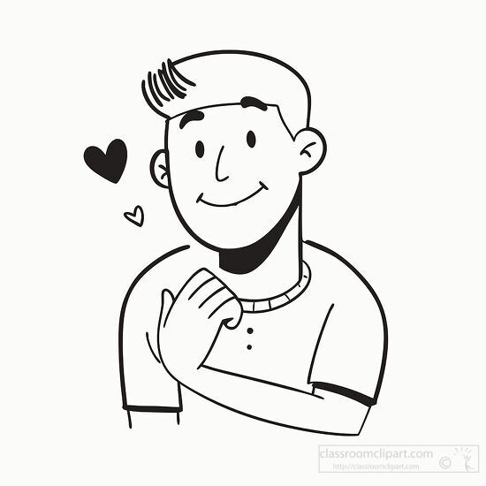 cheerful cartoon man showing warmth with his hand over his chest