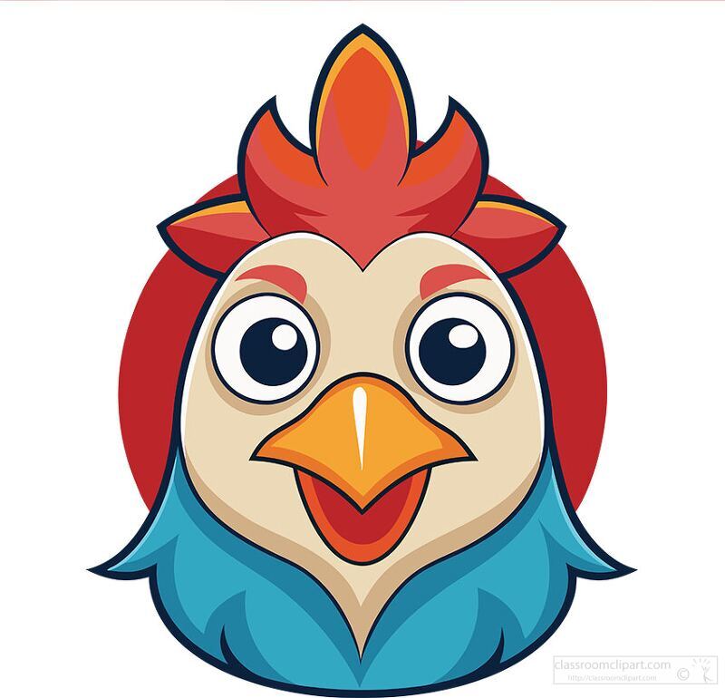 cheerful cartoon rooster with blue feathers a red comb