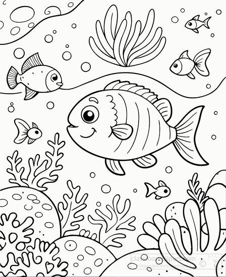 cheerful fish explores the underwater world surrounded by aquatic plants and coral black outline clipart