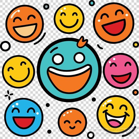 cheerful group of multicolored smiley faces with big happy expre