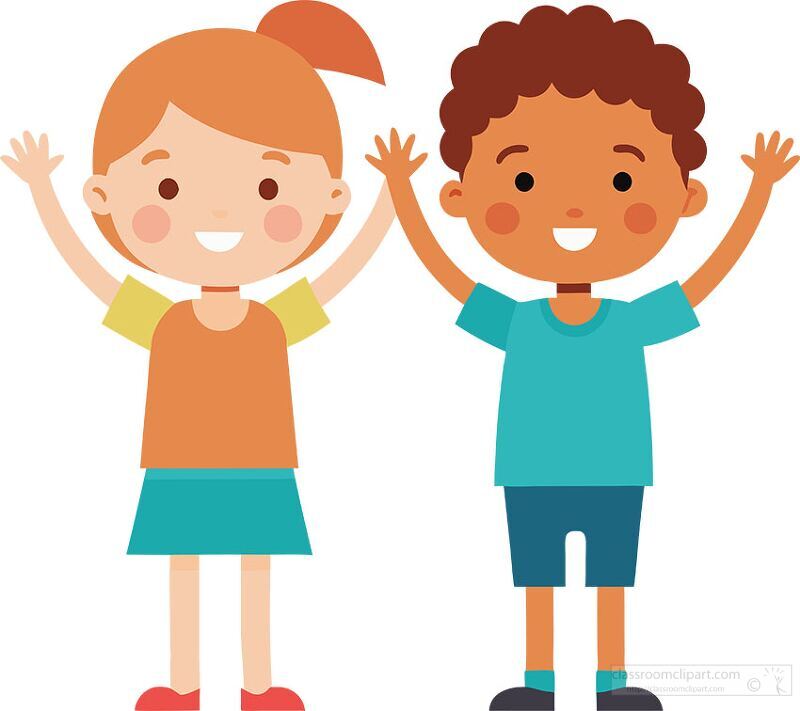 Cheerful Kids Clipart with Hands Up