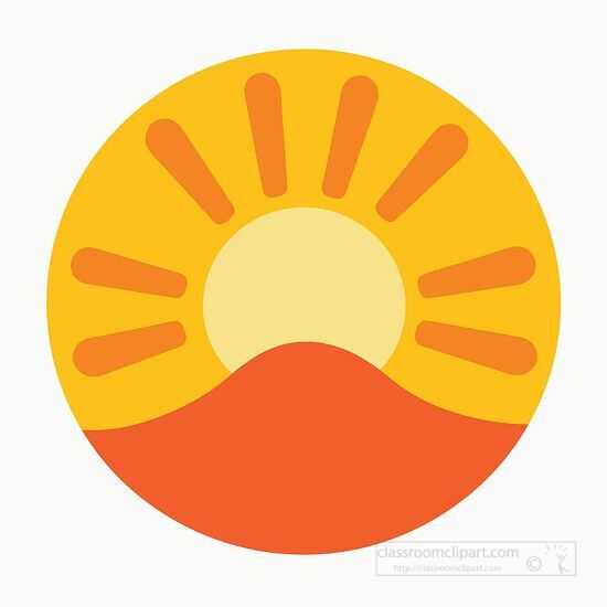 cheerful sun rising over an orange landscape with stylized rays