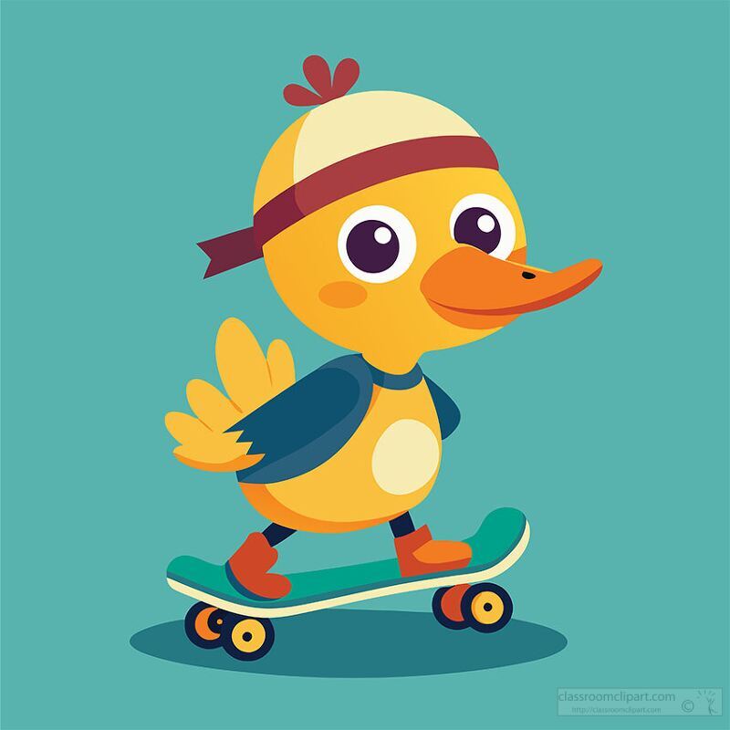 cheerful yellow duck rides a skateboard while wearing a hat