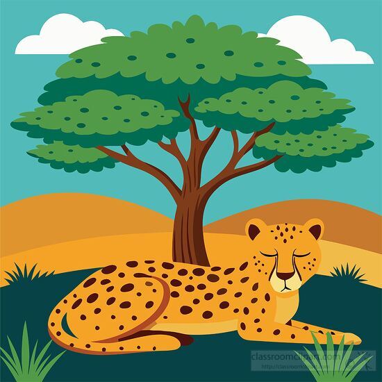 cheetah rests peacefully under a large tree in the savannah