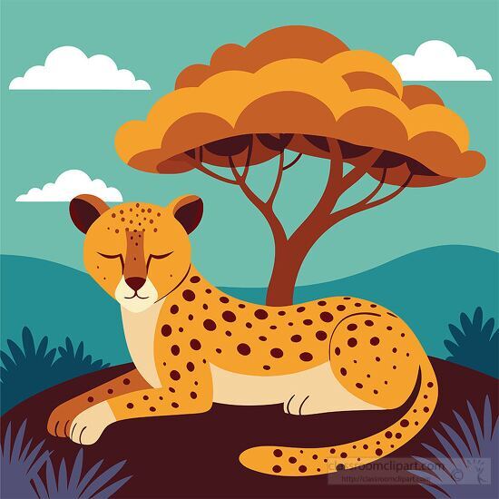 cheetah rests quietly under an orange hued tree in the savannah