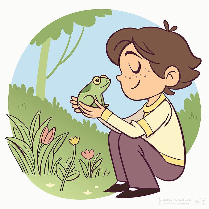 child crouches in a garden gently holding a frog while surrounded by flowers and greenery clipart