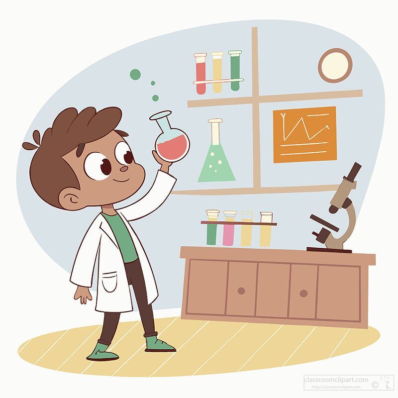 child in a lab coat holds a beaker of liquid in a science lab